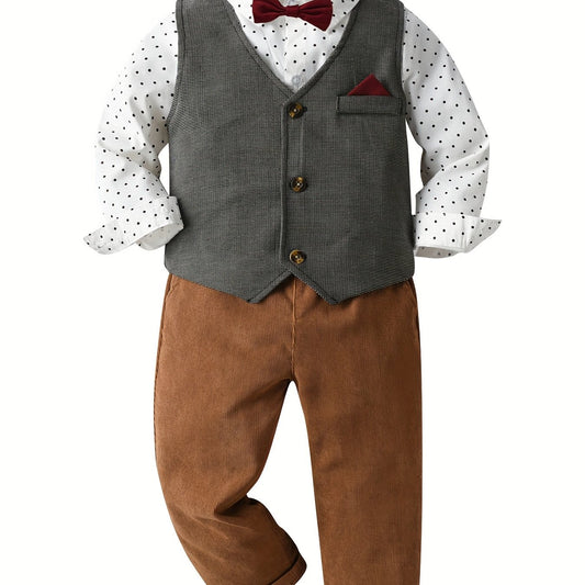 Boys Suit Set Vest Shirt Pants Bow Tie Slim Suit Gentleman Prom Wedding