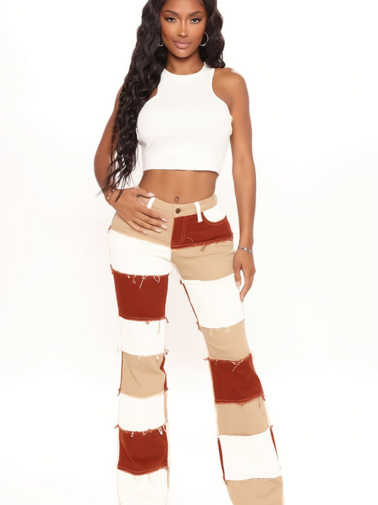 Colorblock Bell Bottom Jeans Wide Legs Raw Trim Pants