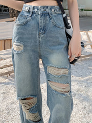 Loose Fit High Waist Street Style Denim Trousers