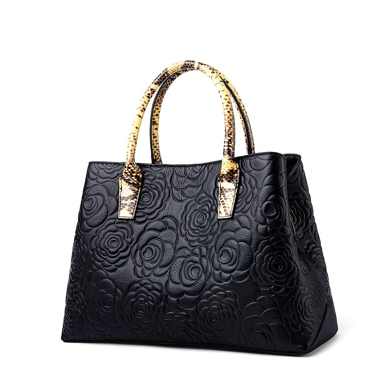 Floral Embossed Shoulder Bag Women's Large Zipper Purse
