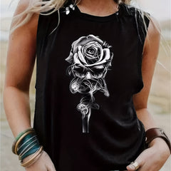 Rose & Skull Print Tank Top Sleeveless Crew Neck Casual Women Tops