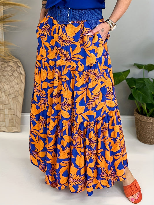 Women's Plus Floral Print High Rise Smock Maxi Skirt With Pockets