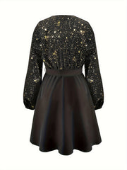 Galaxy Print V Neck Swing Belted Dress