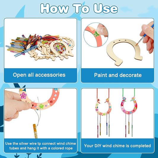 16pcs Kids DIY Wind Chime Kit w/ Stickers Horseshoe Art Crafts Boys Girls Gift