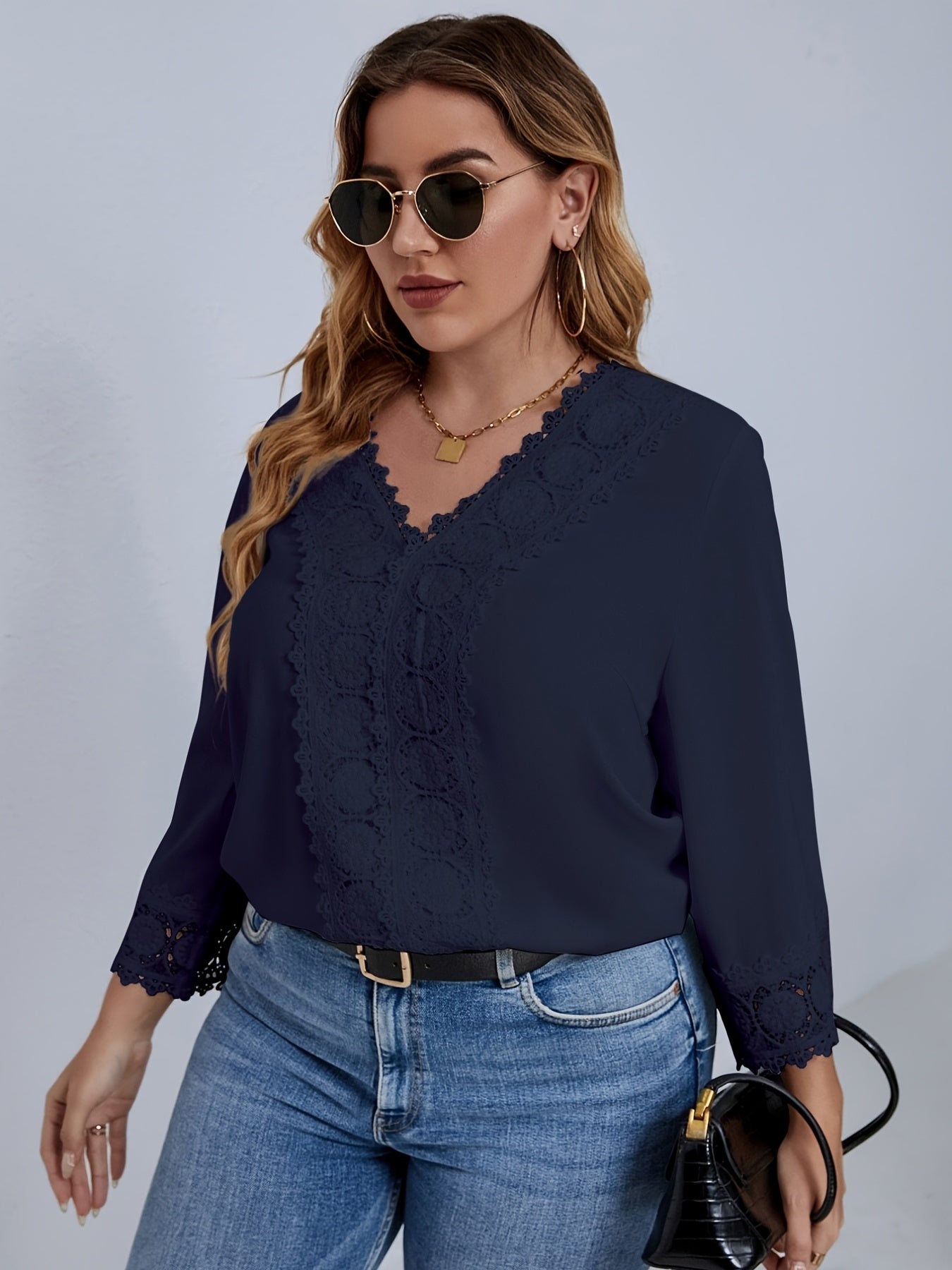  Casual Blouse Women's Plus Solid Contrast Lace Long Sleeve V Neck