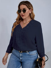  Casual Blouse Women's Plus Solid Contrast Lace Long Sleeve V Neck