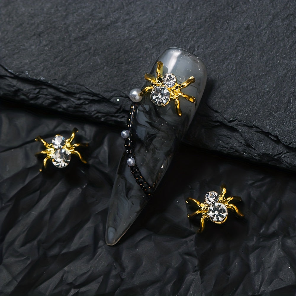 10pcs Halloween Spider Nail Art Charms With Rhinestones 3D Alloy Spider Nail Gem