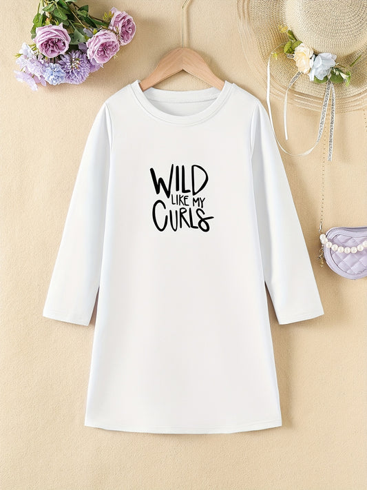 Girls' Letter Print Long Sleeve A Line Dress for Spring Fall