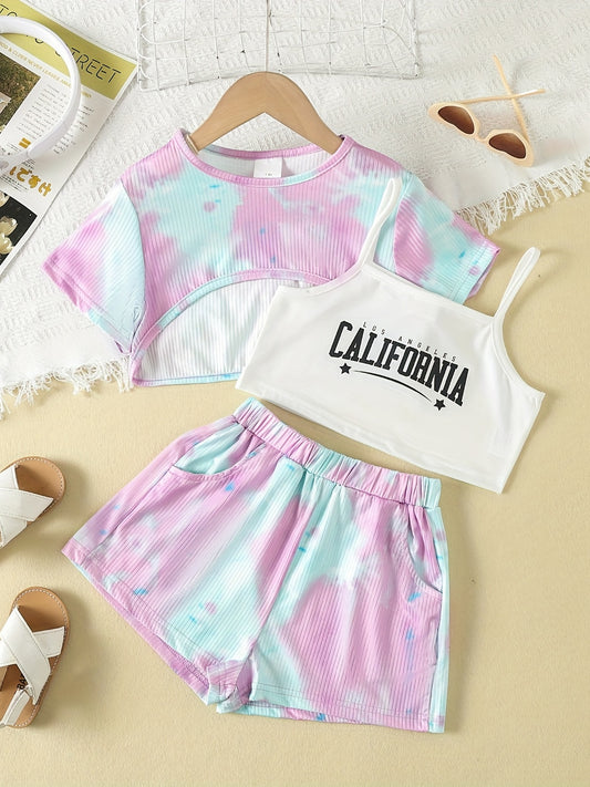 Girls Teen Tie Dye Top & Shorts & Cami Top Set for Summer