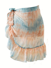 Random Print Ruffle Cover Up Skirt Semi Sheer Wrap
