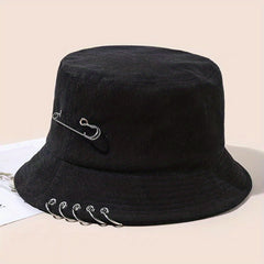 Unisex Hip Hop Bucket Hat Pin Brooch Decor Solid Cotton Basin Hat