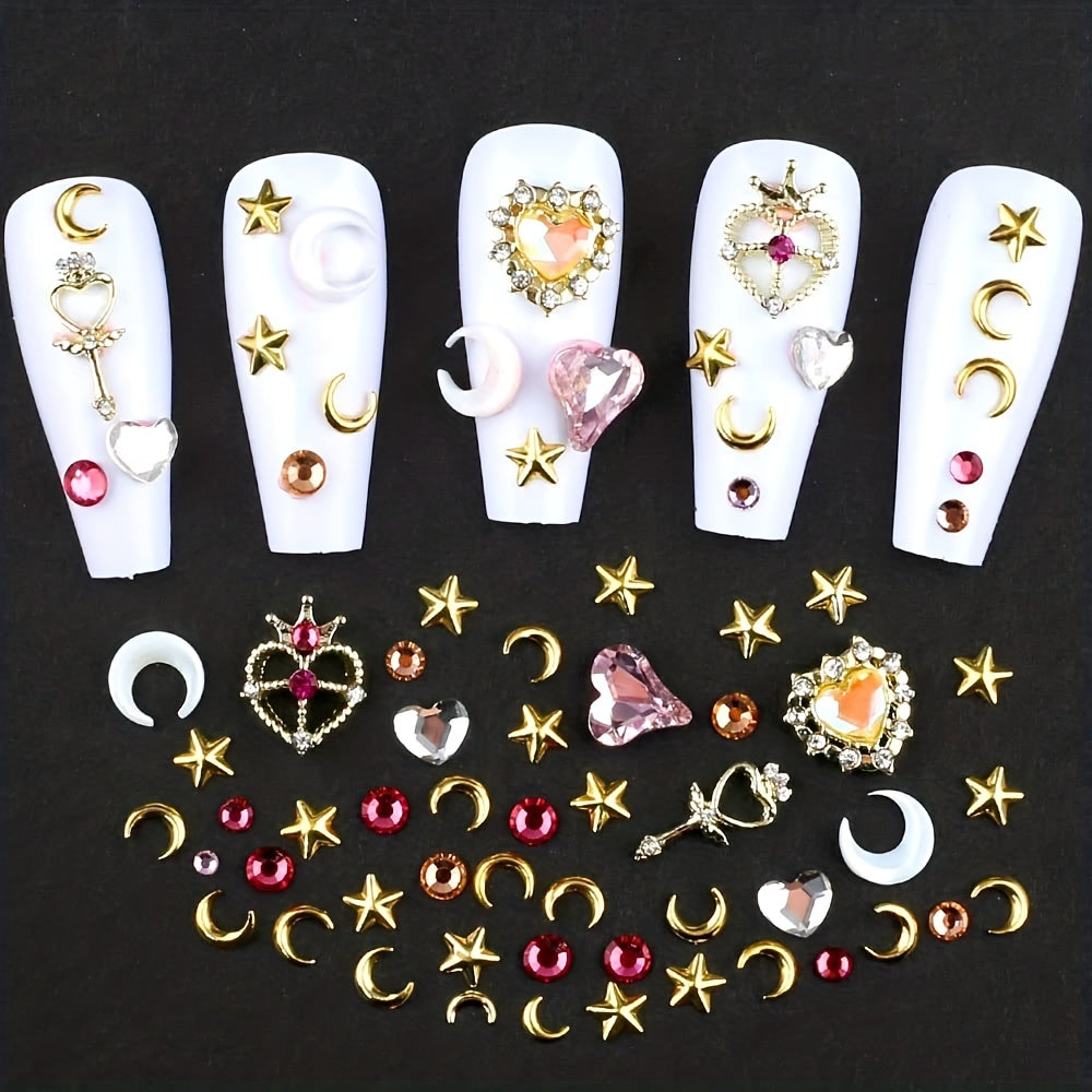 3D Nail Charms Crystal Heart Rhinestones Star Moon Alloy Nail Art Charms