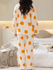 Fruit Print Pajama Set Long Sleeve Buttons Top & Elastic Waistband Pants