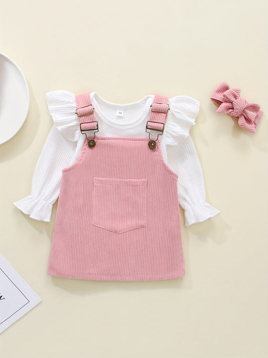 Newborn Triangle Romper Top Corduroy Suspenders Dress Bandana Set