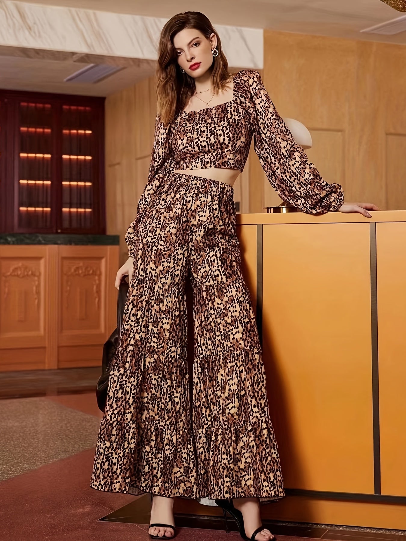 2pc Wide Leg Pants Set Square Neck T Shirt & High Waist Wide Leg Pants