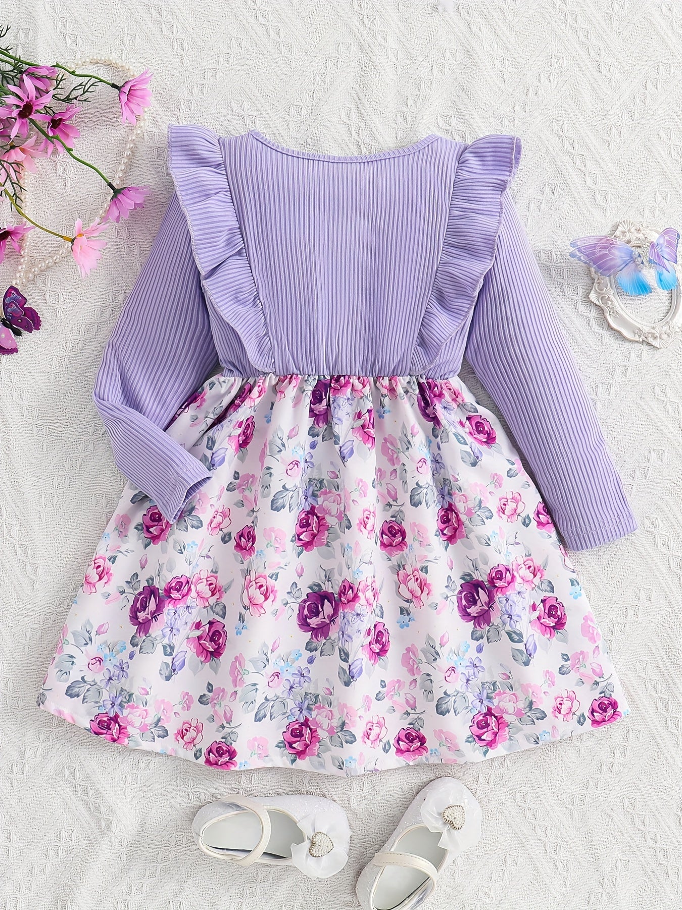 Girls Purple Flowers Print Long Sleeve Casual Dress