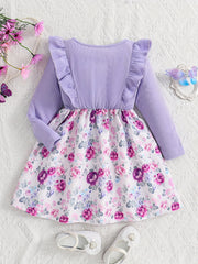 Girls Purple Flowers Print Long Sleeve Casual Dress