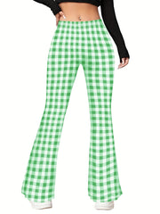 Women's Plus Plaid Elastic High Rise Flared Leg Trousers