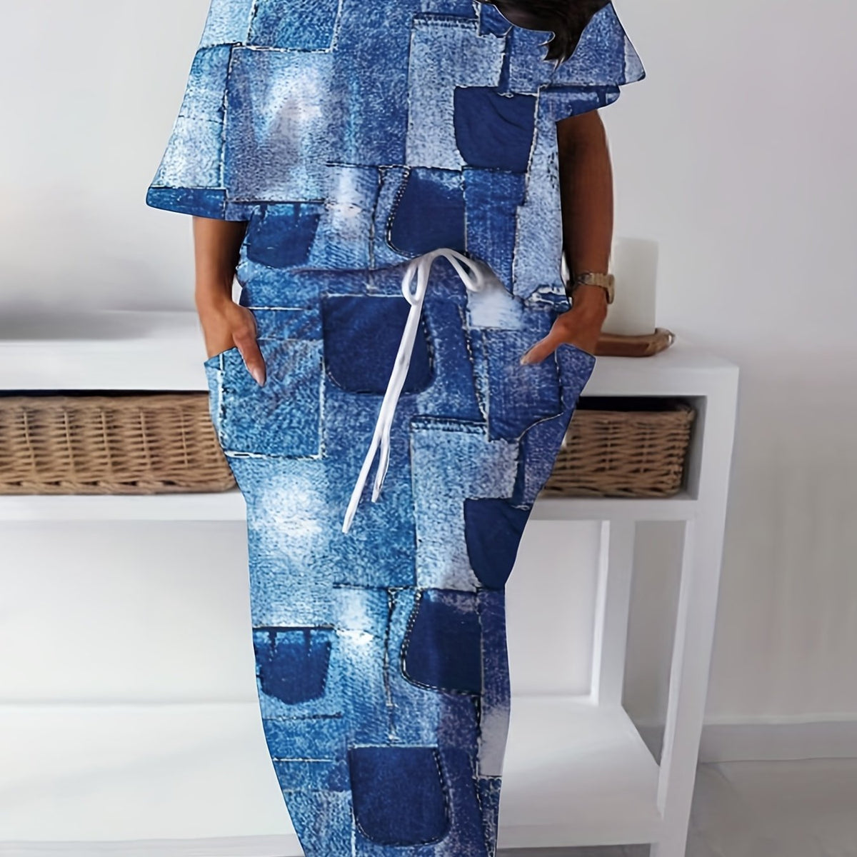  Denim Print One Shoulder Top & Skirt Set