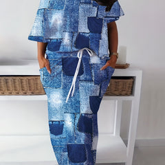  Denim Print One Shoulder Top & Skirt Set