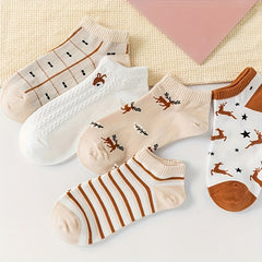 5 Pairs Harajuku Cartoon Deer Ankle Socks Women's Stockings & Hosiery