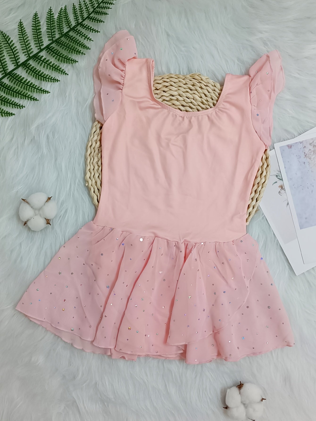 Girls Solid Ruffle Trim Ballet Leotard Dress Short Sleeve Dance Performance Gift