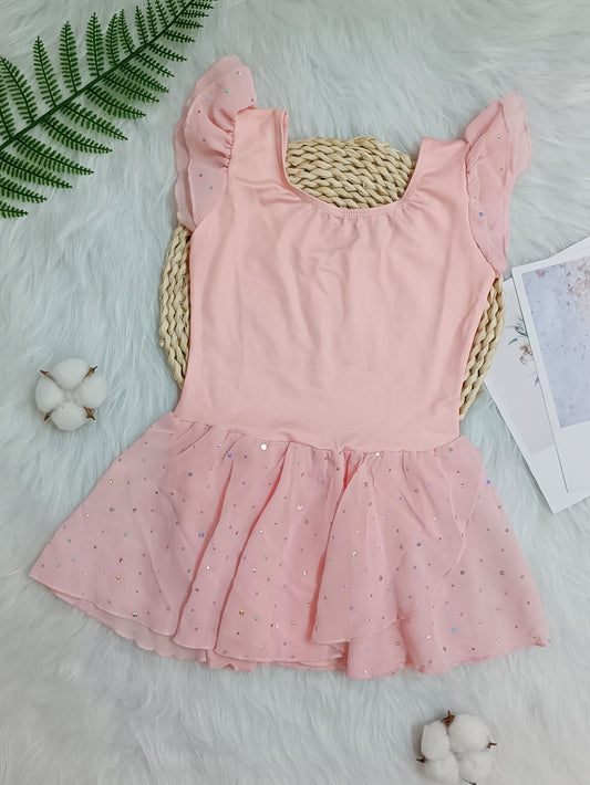 Girls Solid Ruffle Trim Ballet Leotard Dress Short Sleeve Dance Performance Gift