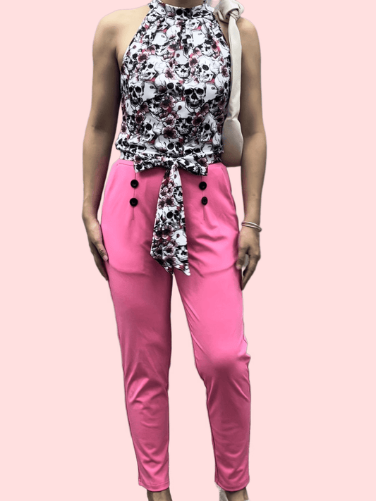 Skull Print Tops & Solid Pants Set Sleeveless Outfits