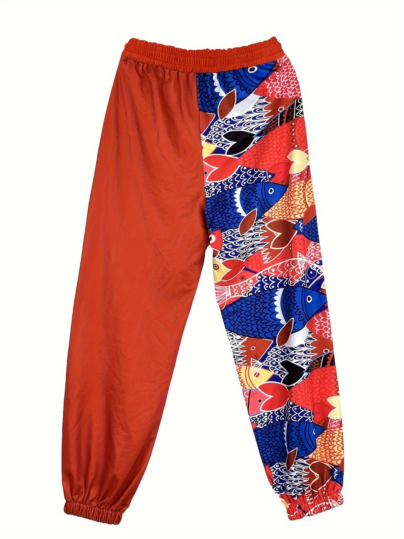 Sporty Plus Size Colorblock Fish Print Pants