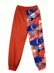 Sporty Plus Size Colorblock Fish Print Pants