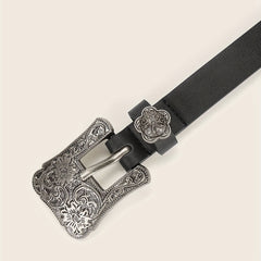 Vintage Flower Engraved Buckle Belts Boho Solid PU Leather Belt