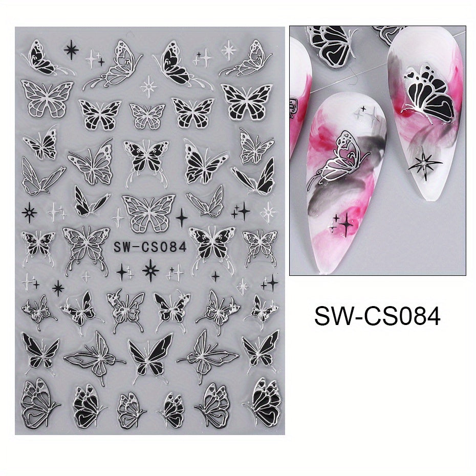 Metal Butterfly Nail Art Stickers with Red Rose Decals 3D and Silver Designs