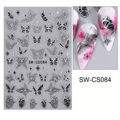 Metal Butterfly Nail Art Stickers with Red Rose Decals 3D and Silver Designs