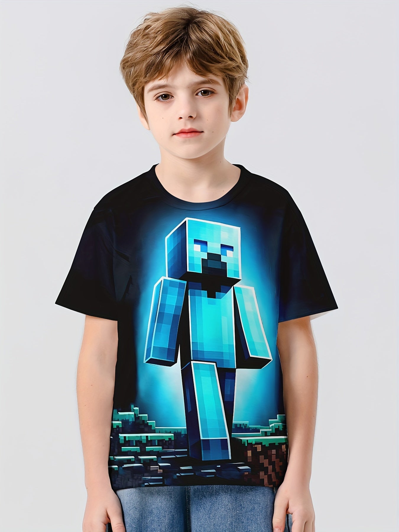 Pixel Man 3D Print Boy's Tee Short Sleeve Crew Neck T-shirt for Kids