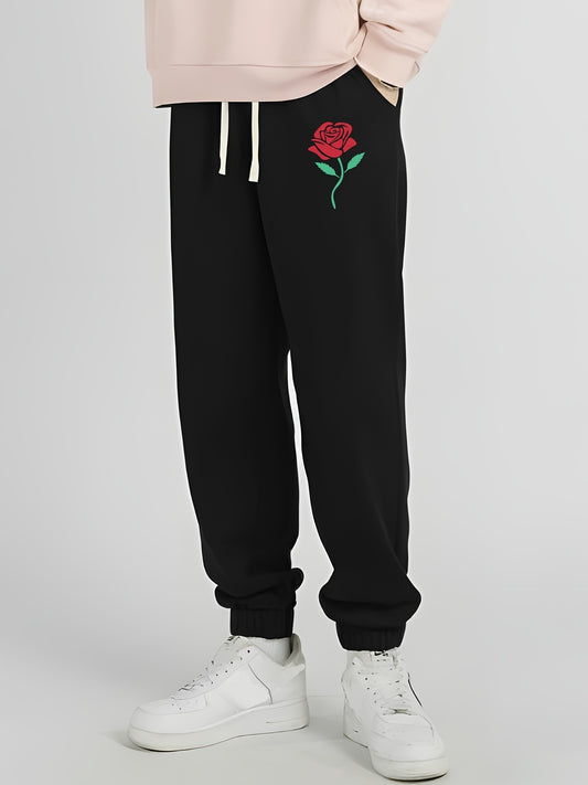 Men s Rose Print Casual Drawstring Sweatpants