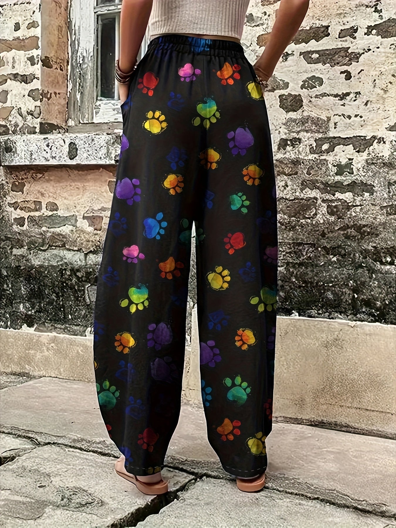 Women's Plus Colorful Paw Print Loose Fit Trousers With Pockets