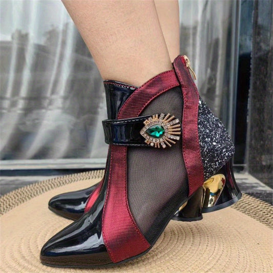Rhinestone Mesh Ankle Boots French Heel Pointed Toe Sandals