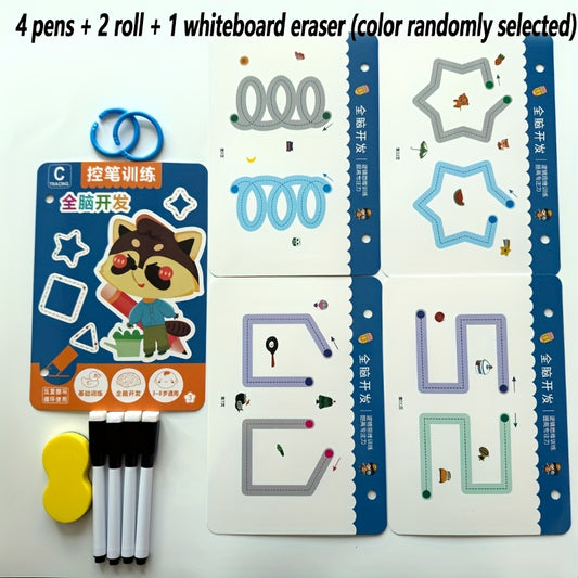 Reusable Educational Workbook Set with 4 Pens & 1 Eraser