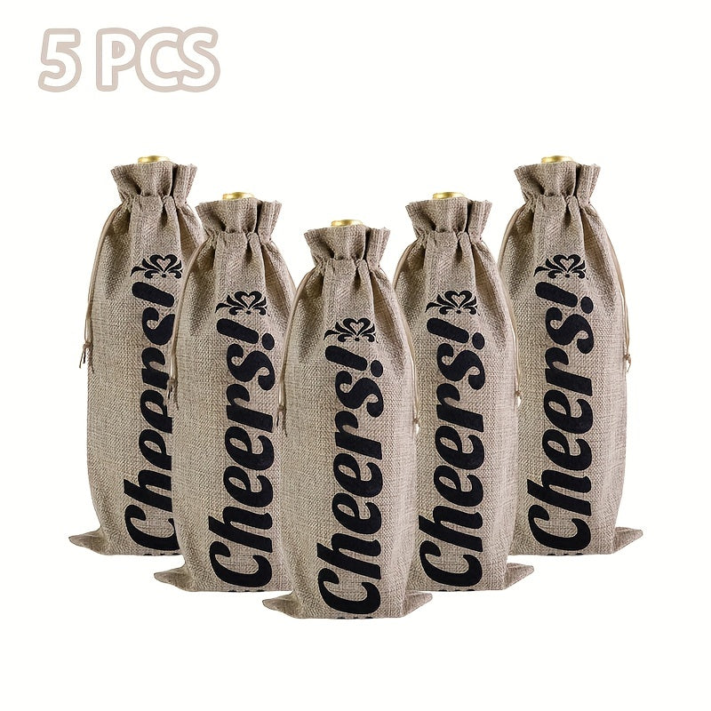 5-Piece Linen Wine Gift Bag Set with Drawstring - Wine Wrapping Bags for Bottles
