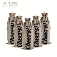 5-Piece Linen Wine Gift Bag Set with Drawstring - Wine Wrapping Bags for Bottles