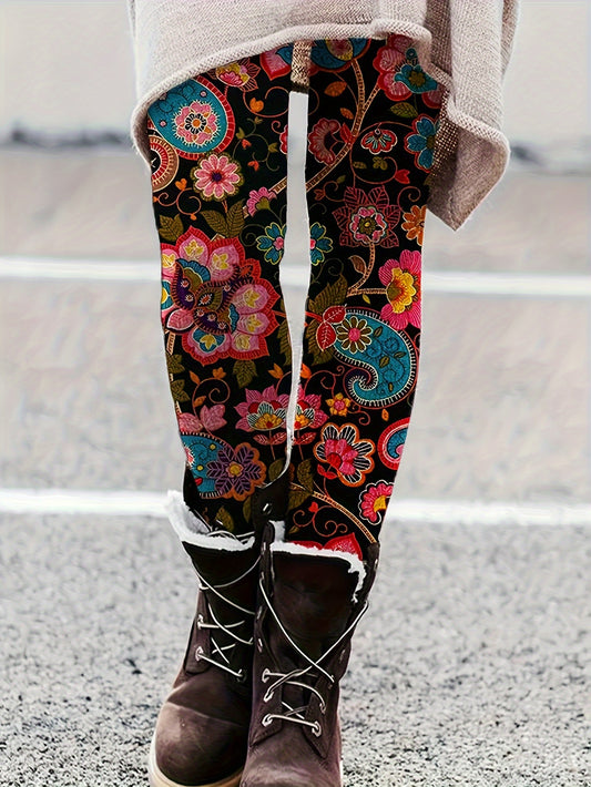  Boho Leggings Women's Plus Paisley Floral Print High Rise Leggings