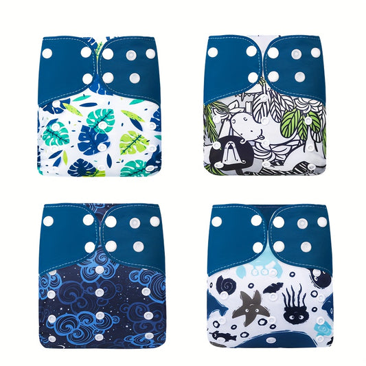 4pcs Washable Cloth Diapers For Boys Girls Adjustable Nappy with Inserts