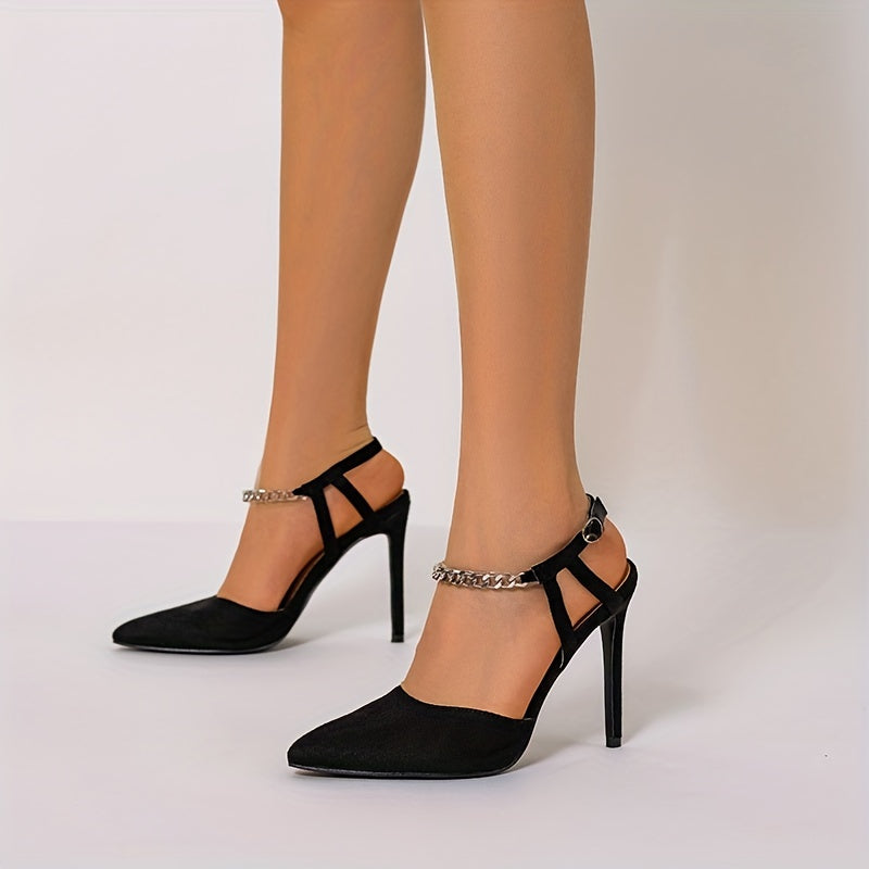 Women's Ankle Chain Strap High Heels Pointed Toe Slingback Stiletto Sandals