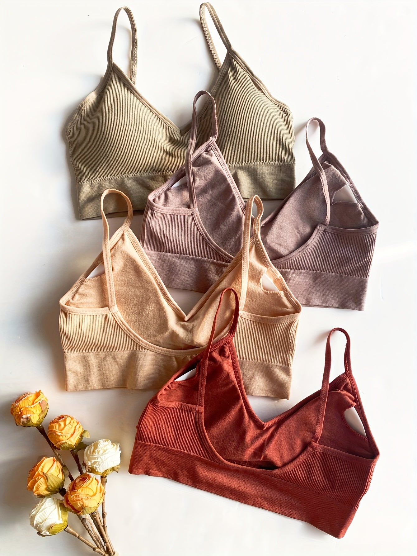 4pcs Solid Ribbed Wireless Bras Comfy & Breathable Sports Bra Women's