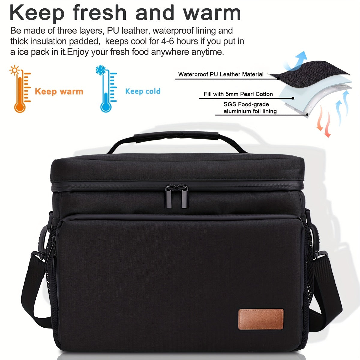 Large Capacity Insulated Lunch Bag with Adjustable Strap