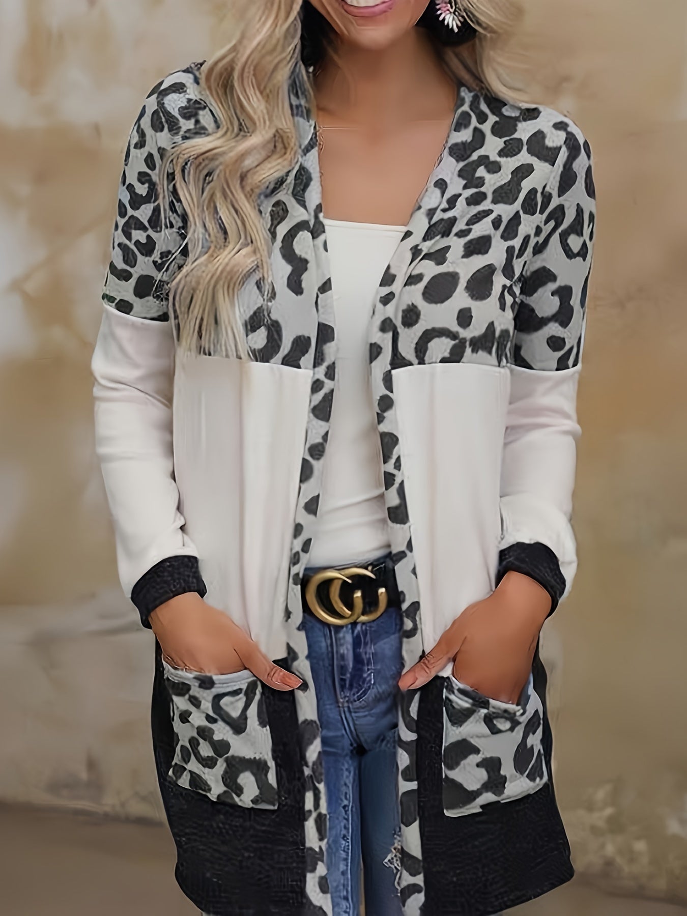  Leopard Print Open Front Cardigan with Pockets