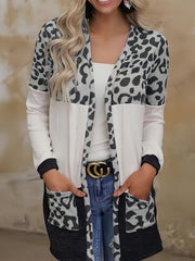  Leopard Print Open Front Cardigan with Pockets