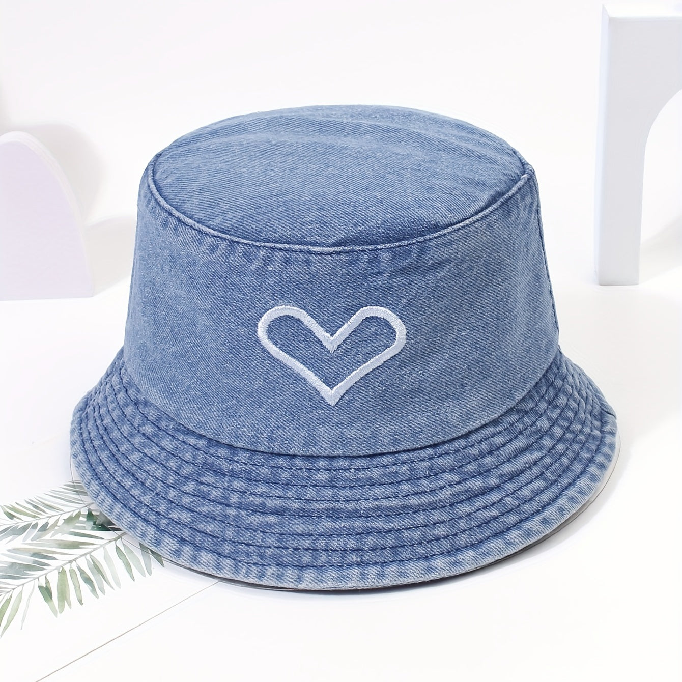 Denim Washed Bucket Hat Love Embroidery Fisherman Cap UV Protection Sun Hat