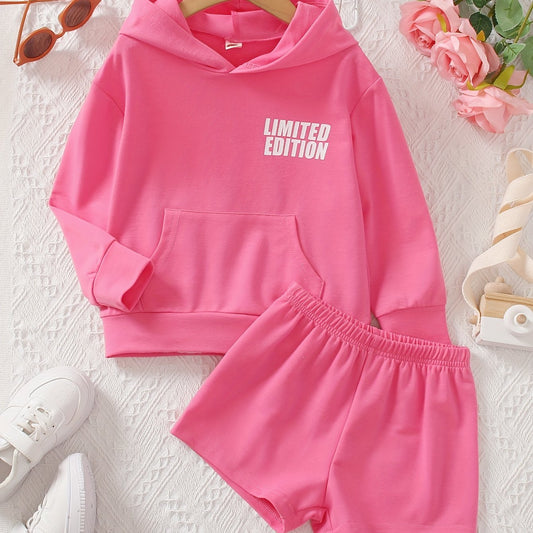 Girl's 2pcs Pocket Front Hoodie & Shorts Set EDITION Print Casual Outfits