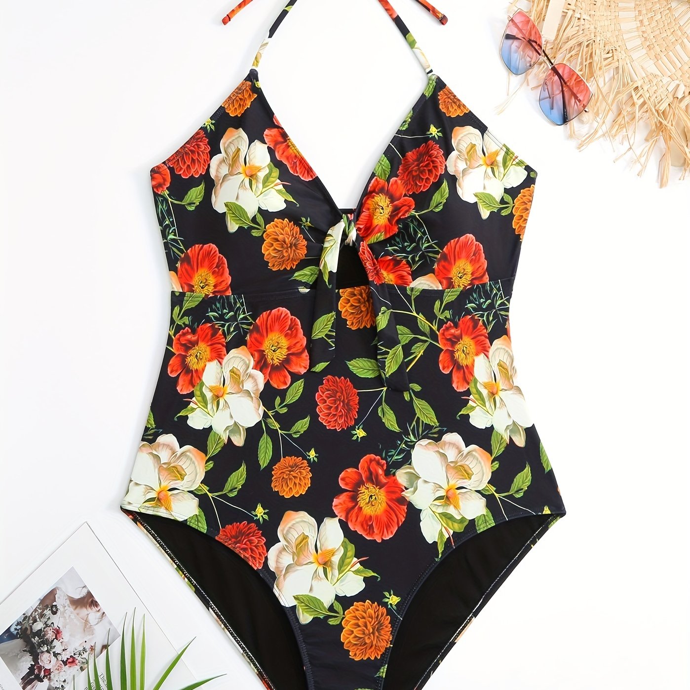 Floral Print Tie Front V-Neck Halter One Piece Bikini